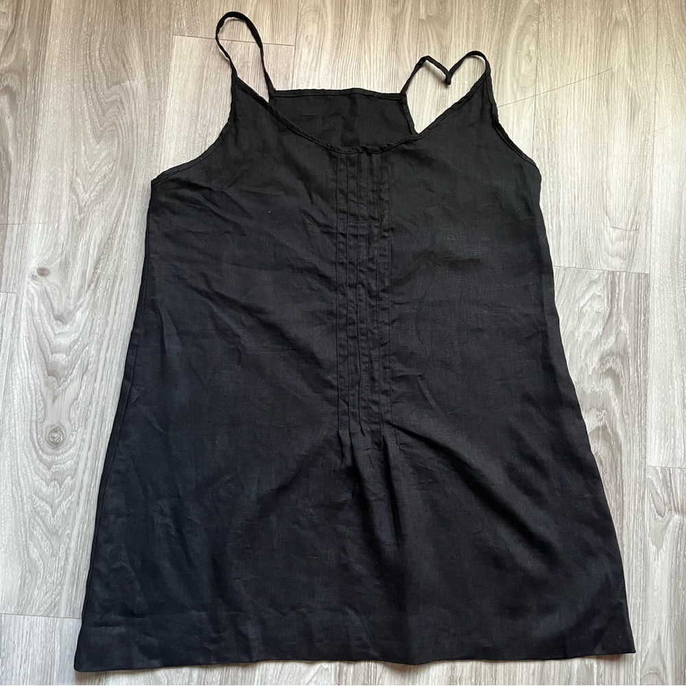 BLACK SLIP DRESS 100% LINEN PLEATED SHIFT WOMENS MEDIUM
